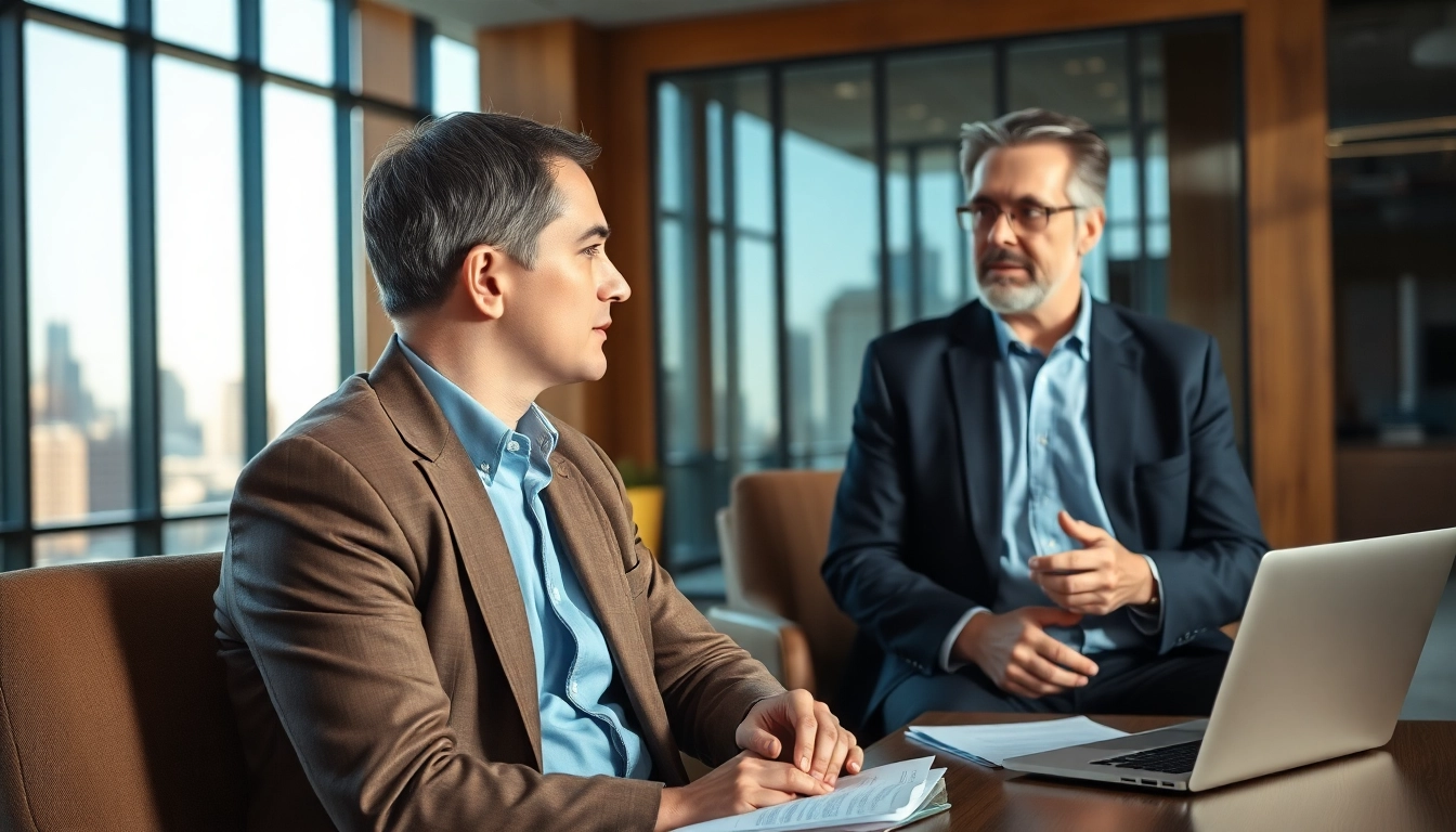 Eminent domain lawyer engaged in a client consultation in a modern office.
