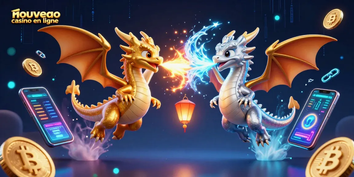 Nouveau casino en ligne : dragons 3D dynamiques s'affrontent avec des effets de feu et de glace, flottaison de pièces crypto.