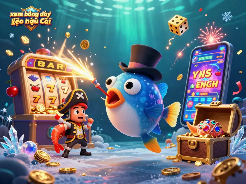 Xem bóng đá trực tuyến kèo nhà cái với hình ảnh sinh động của cá anglerfish, tôm cướp biển và ốc sên kho báu.
