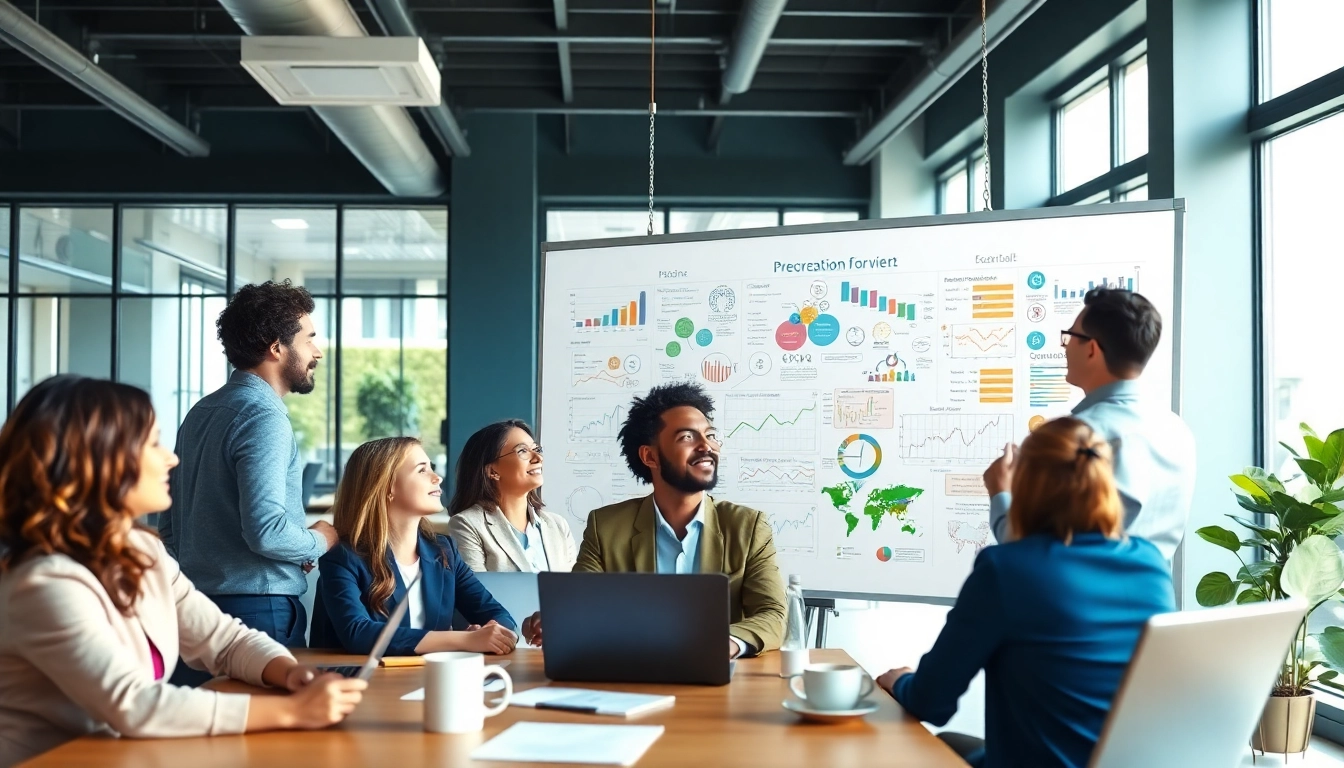 Business professionals collaborating in a modern office environment with team brainstorming.
