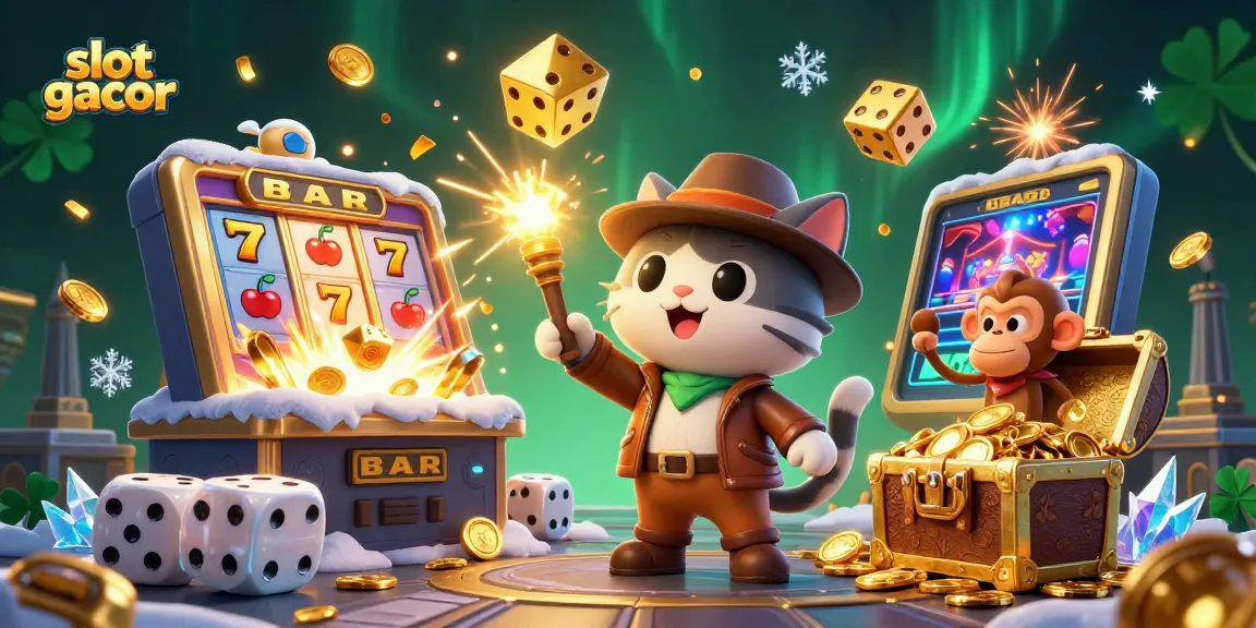 Experience vibrant slot gacor action with dynamic characters discovering treasures in a colorful casino scene.