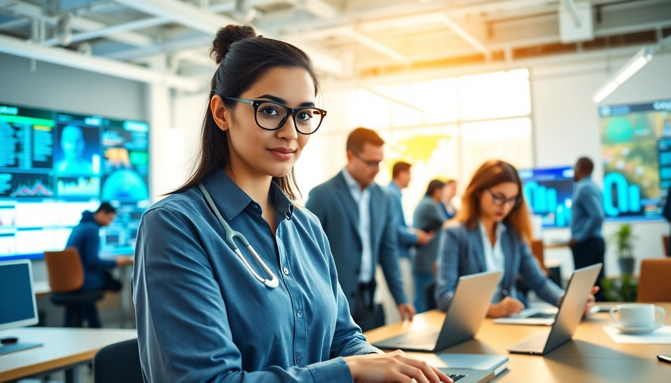 Engage with an enterprise ai assistant in a collaborative office, highlighting advanced technology.