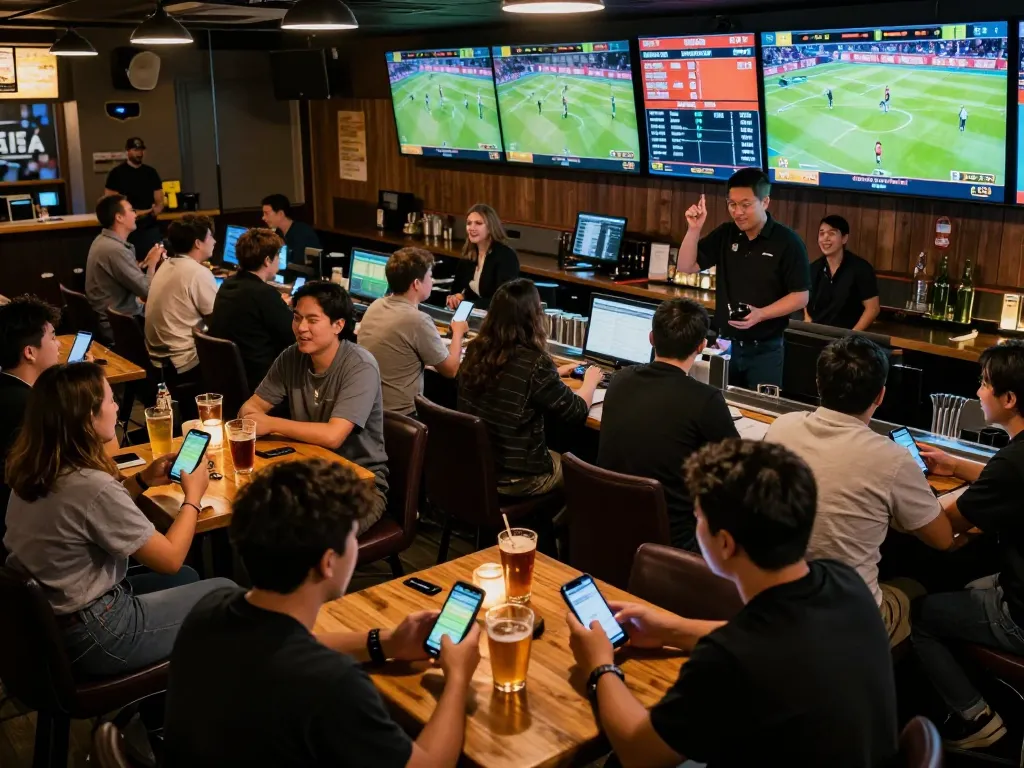 Engaging sports betting scene with patrons tracking kèo nhà cái updates on mobile devices.
