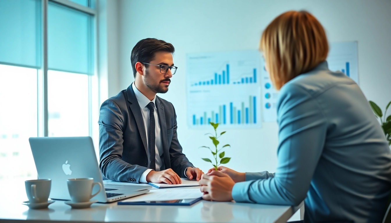 Financial advisor discussing interest rates today with clients in a modern office setting.