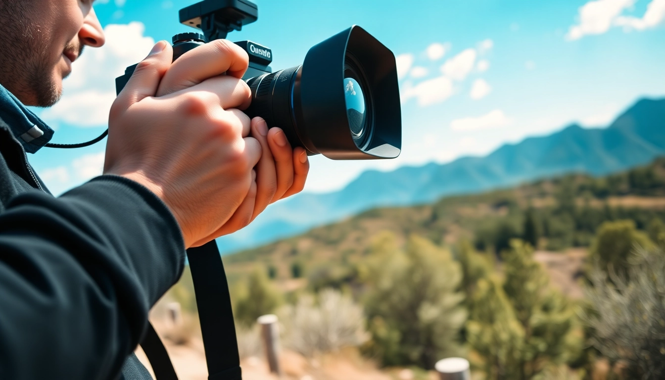 Photographer capturing stunning landscapes with Insta360 camera outdoors.