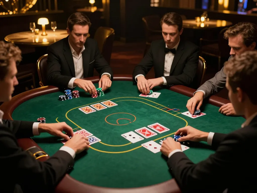 Players strategizing at a poker table illuminated by soft light, highlighting hiddenwiki connections to dark gaming.