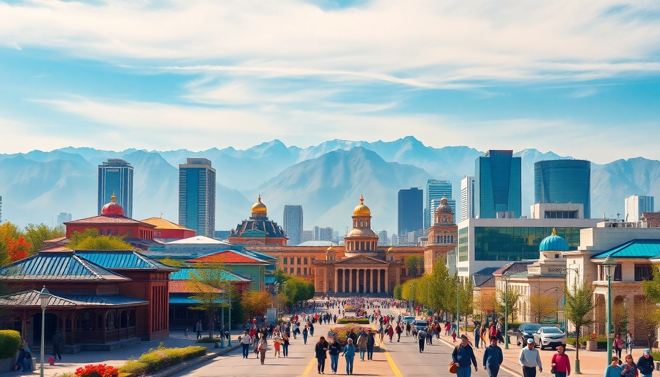 Experience the vibrant skyline of Almaty, Kazakhstan, featured on https://albmaftoh.com with mountains and modern architecture.