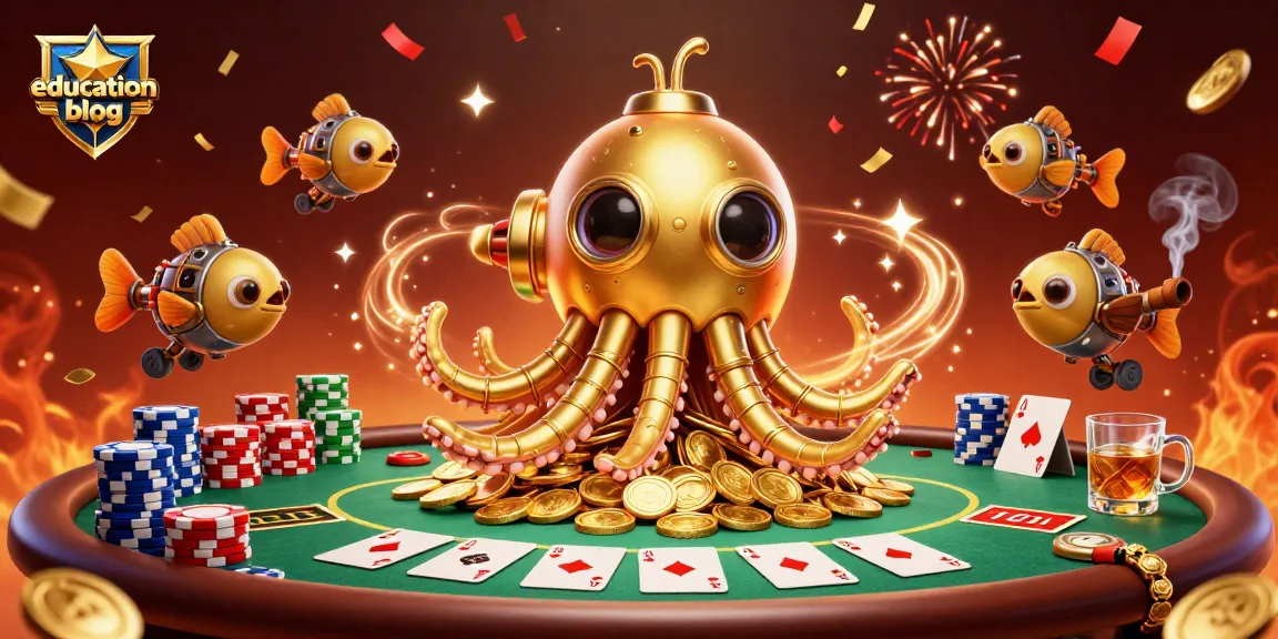 Engage with the vibrant education blog experience featuring a golden kraken and poker elements.