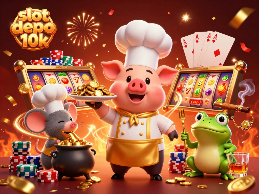 Menghadirkan slot depo 10k dengan karakter kartun kasino dalam pemandangan penuh semangat dan detail.