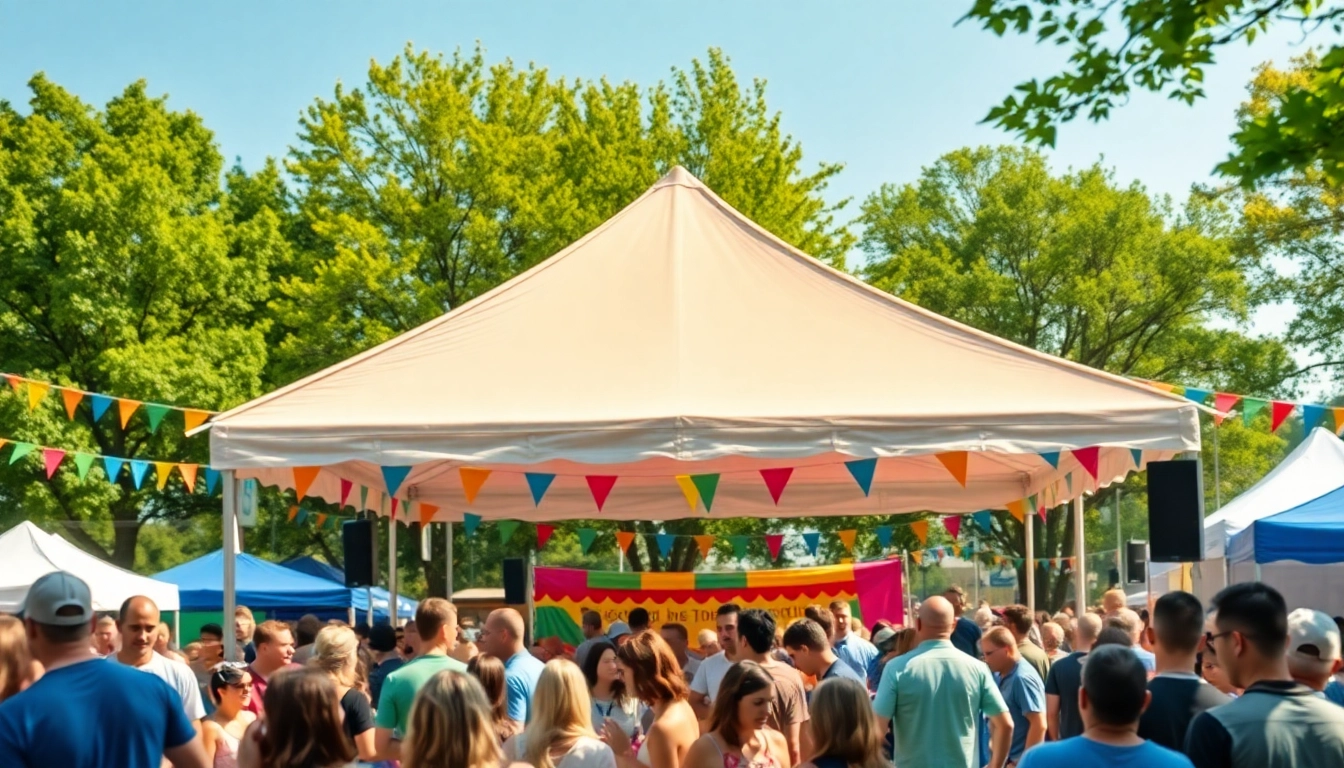 Gathering under a vibrant canopy tent at an outdoor festival, showcasing joyful activities.