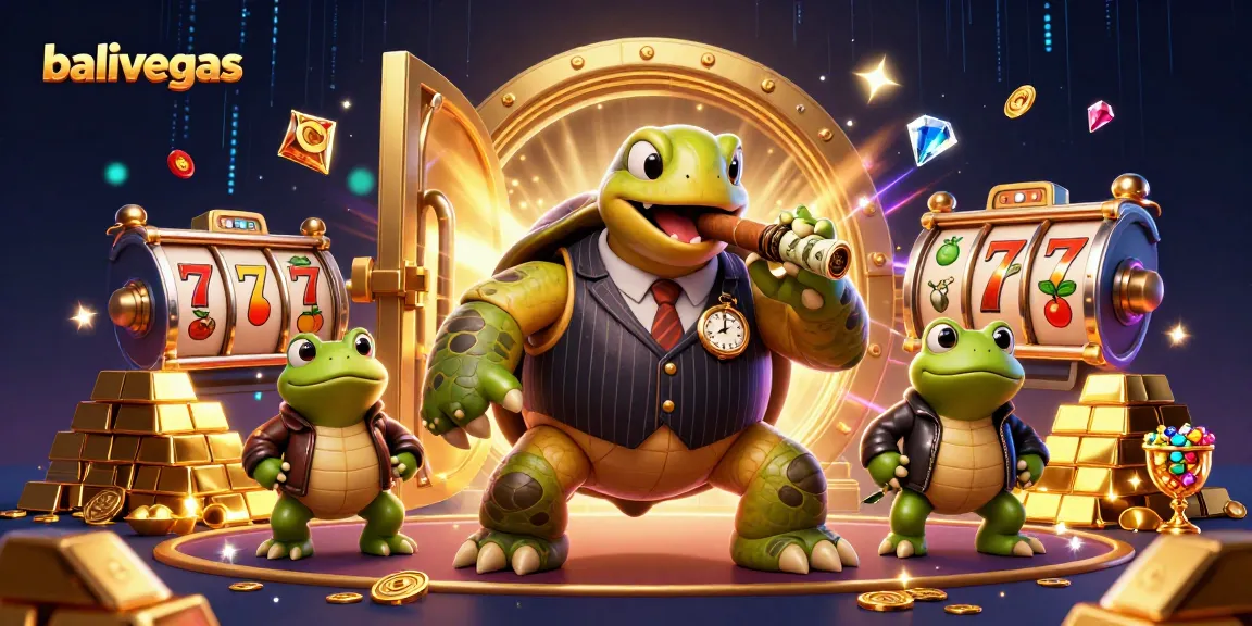 Balivegas menghadirkan aksi mendebarkan dengan simbol slot dan tokoh kasino dalam ilustrasi 3D.