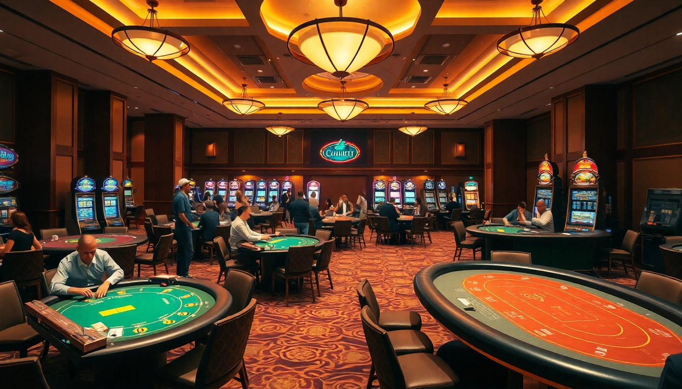 Aktivitas di www.agencetitan.com/en/ dengan pemain yang asyik di meja blackjack dan mesin slot di kasino.