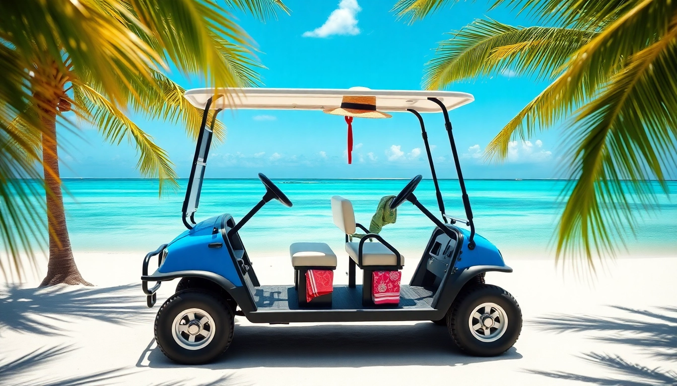 San Pedro Belize Golf Cart Rental in a tropical beach setting with vibrant colors and bright lighting.