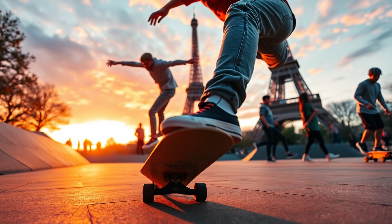 Cours dynamique à l'Ecole de skateboard Paris avec des skateurs exécutant des figures.