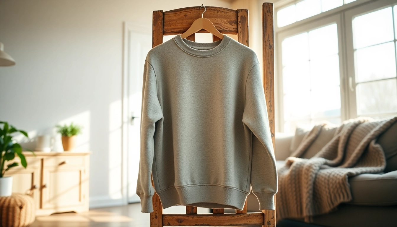 Featuring a cozy crew neck sweatshirt on a rustic wooden chair in a sunlit living room.