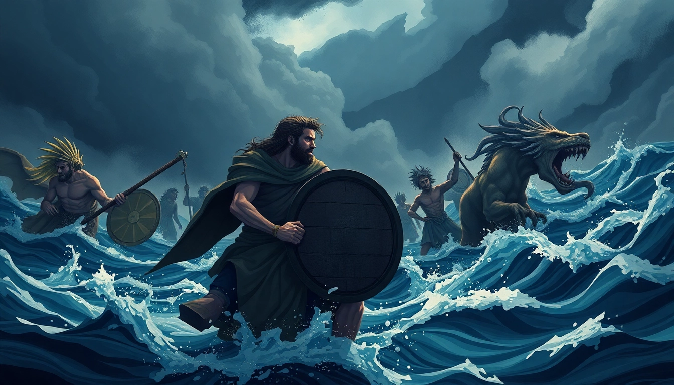 Visual representation of "odyssey meaning origin" capturing the epic journey of Odysseus in a dramatic illustration.