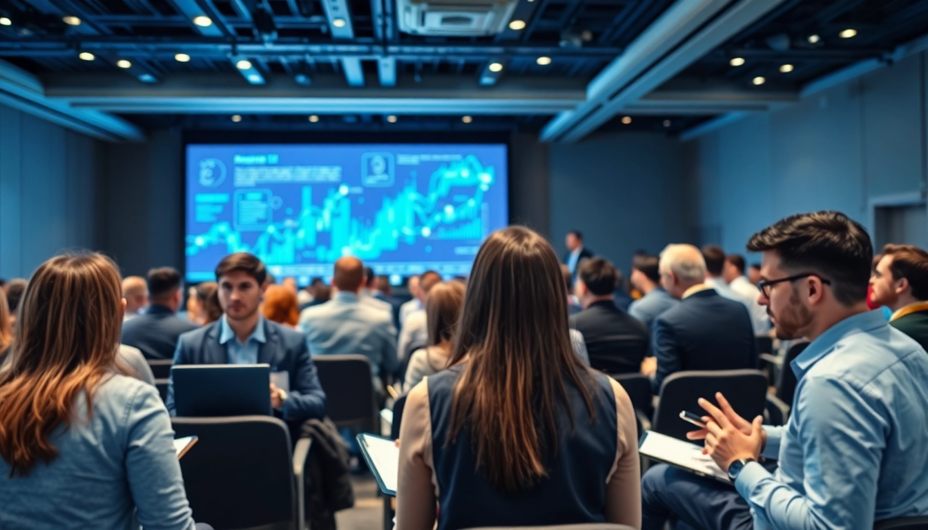 Attendees engaging in discussions at an AI and emerging technology conference with visuals of innovation.