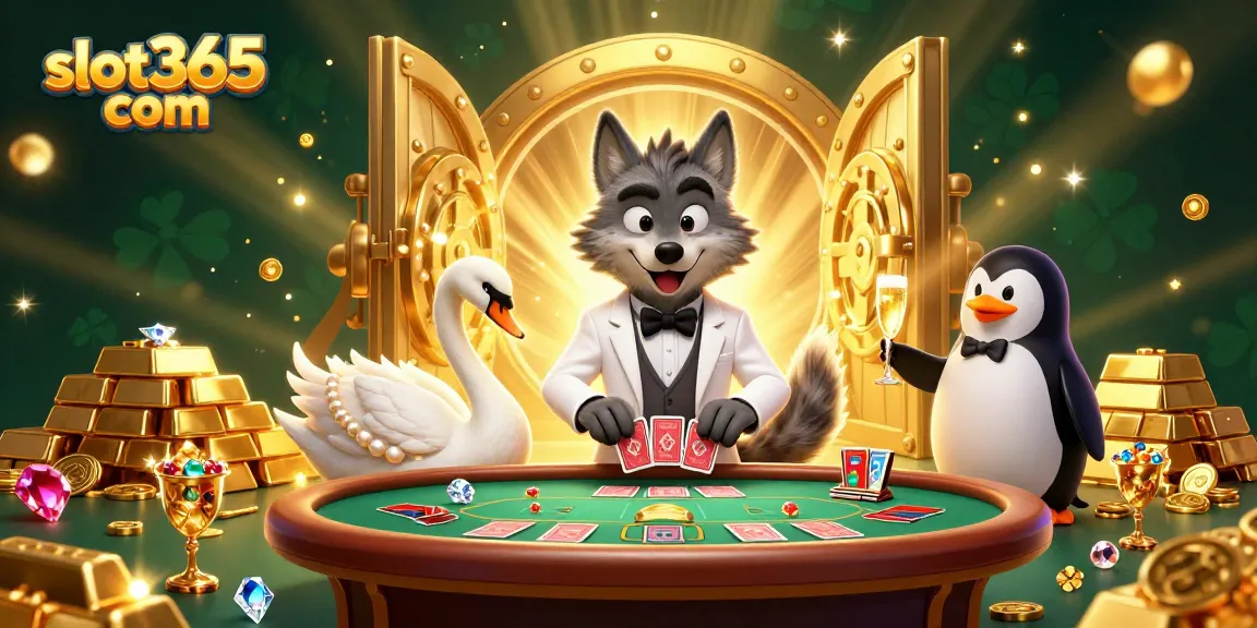 Spin big with slot365 com, featuring 3D characters and vibrant casino elements in a luxurious setting.