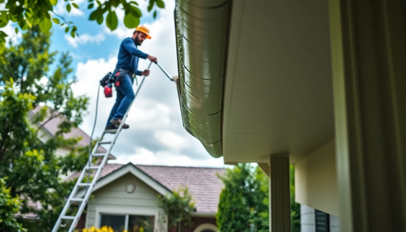 Gutter cleaning Seattle WA professional technician cleaning gutters in a residential neighborhood.