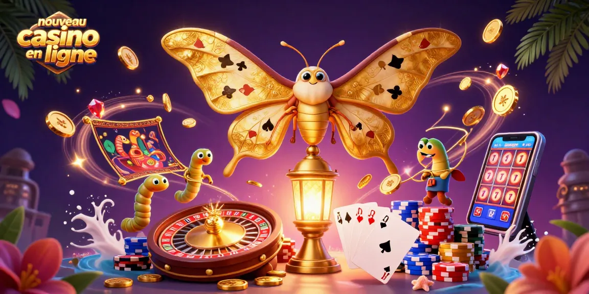 Profitez d'un nouveau casino en ligne avec des illustrations 3D de jeux et de gains.