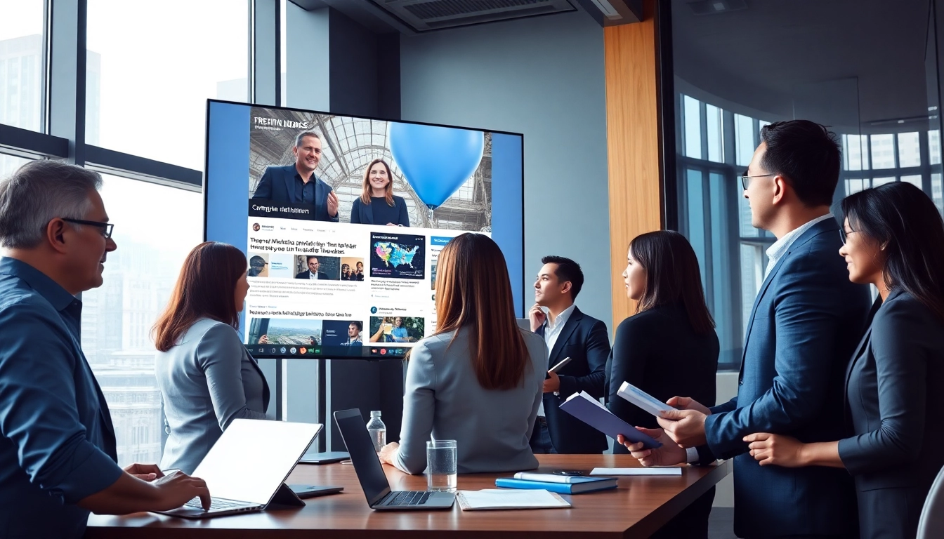 Engaging scene of a team strategizing for press release distribution in a modern office.