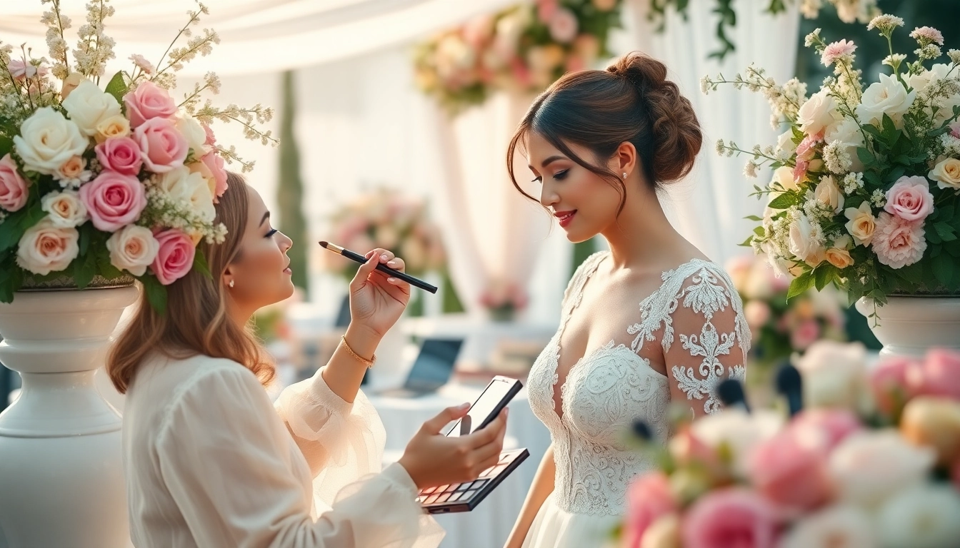 Traveling makeup artist skillfully applying makeup to a bride outdoors in a stunning garden setting.