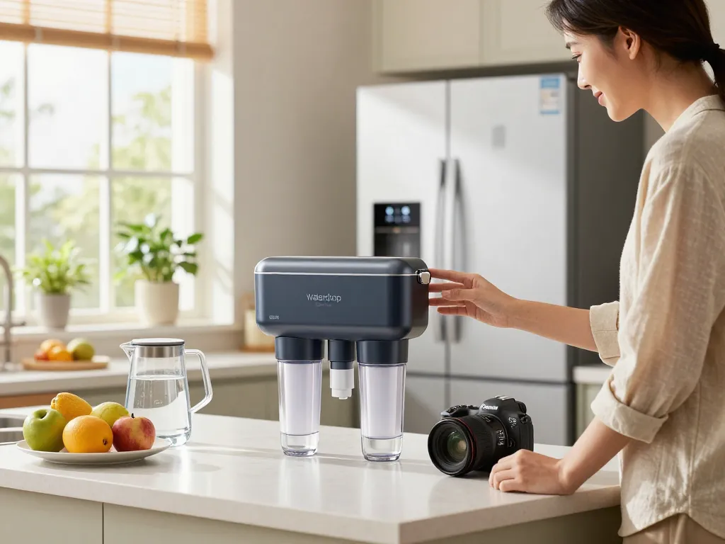 Waterdrop WD-F19C Replacement for GE® RPWFE® filter showcased in a modern kitchen, emphasizing convenience and quality.