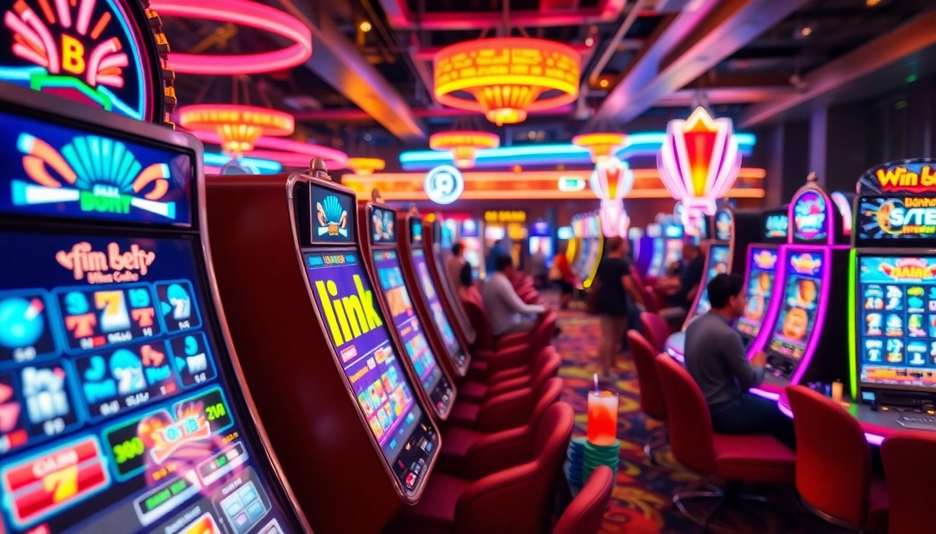 Demo slot link menarik di pusat kasino dengan mesin dan permainan berkilauan.