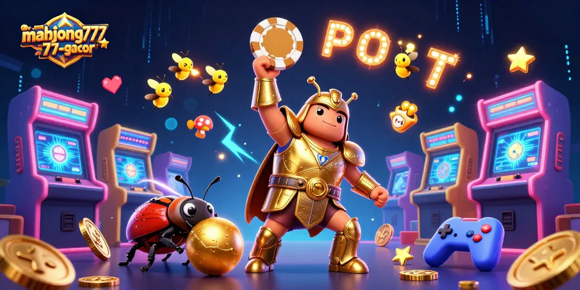 Play big on mahjong777-gacor with an epic jackpot scene featuring 3D cartoon beetles and dynamic game elements.