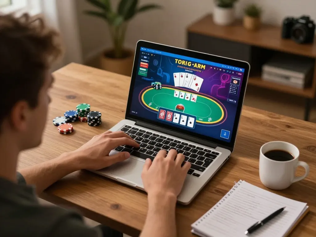Player enjoying online poker at home on tg88-bm laptop, demonstrating strategic gaming.