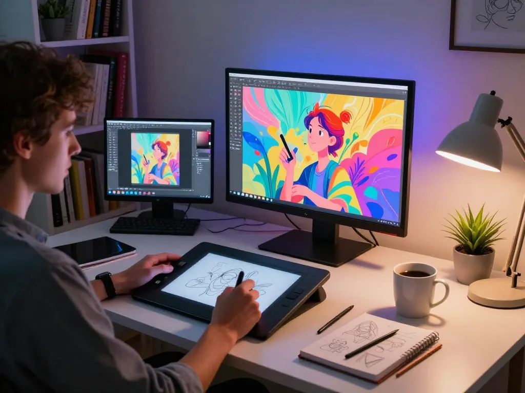 Artist designing AI porn illustrations in a vibrant digital art studio.