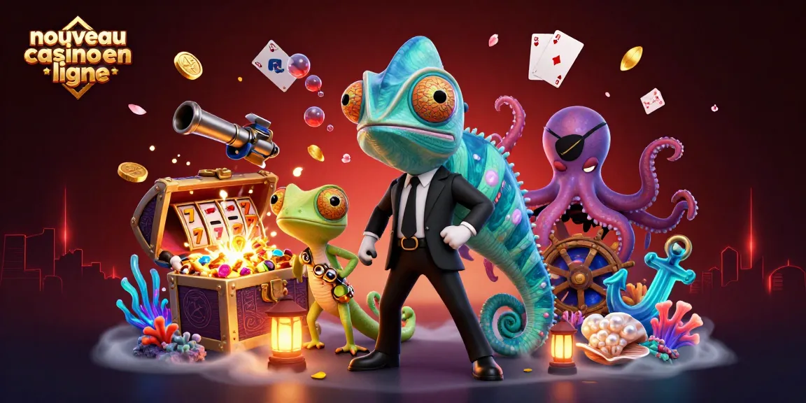 Plongez dans l'univers du nouveau casino en ligne avec cette illustration dynamique, présentant un caméléon agent secret et un gecko technologique.