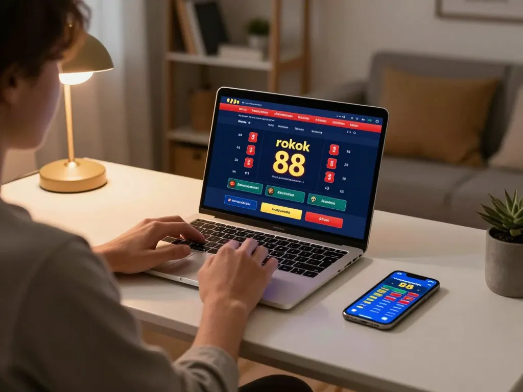 Enjoying a game at rokok 88 online casino on a sleek laptop in a cozy home setting.