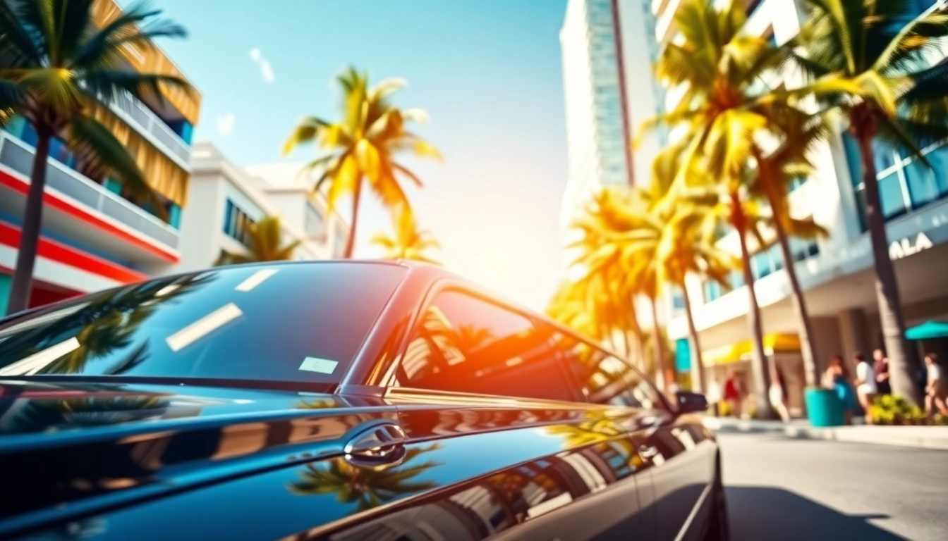 Luxury limo in Miami Florida parked in a sunny cityscape with palm trees.