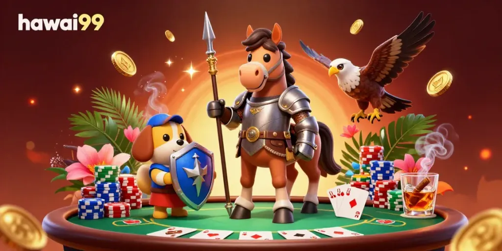 Win big at hawai99 with exciting 3D poker action featuring playful characters and vibrant casino elements.