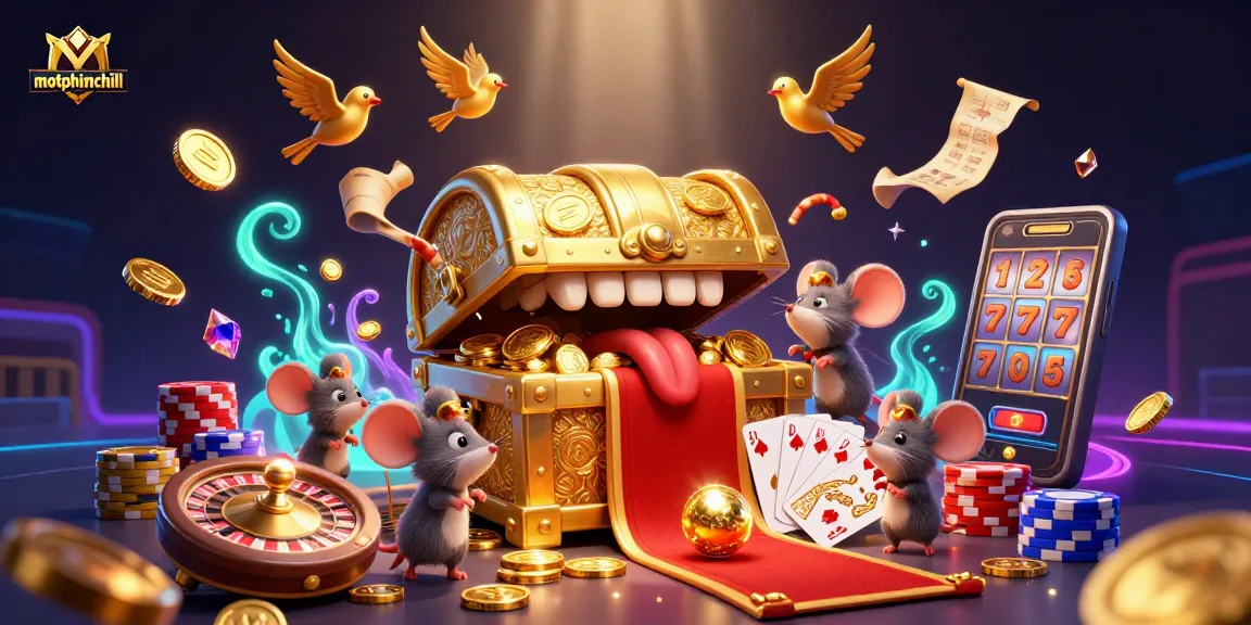 Win big with motphimchill's interactive gambling scene featuring golden treasures and dynamic games.