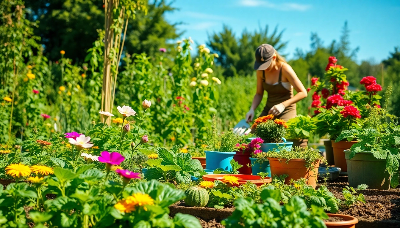 Gardening scene showcasing vibrant plants and a gardener tending to fresh vegetables.