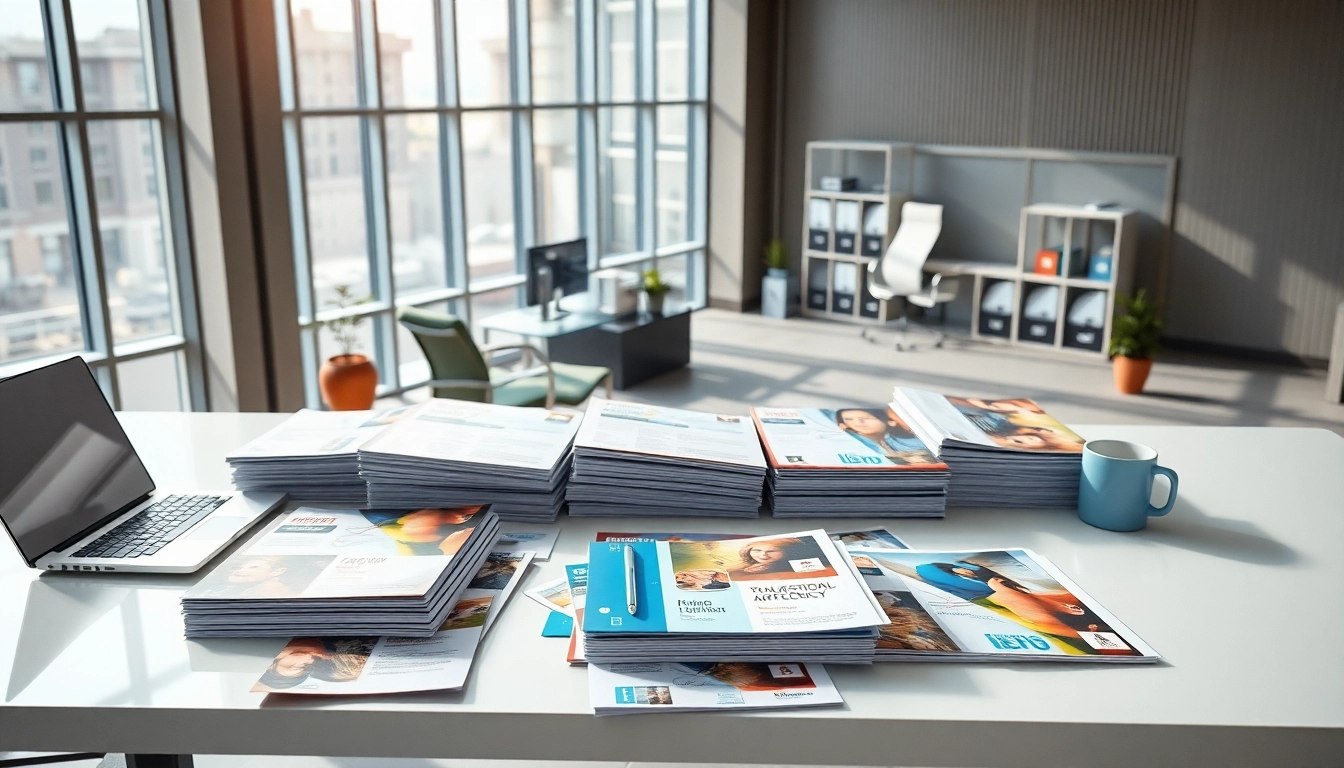 Apex Direct Mail showcased through vibrant print materials on a sleek desk in a modern office.