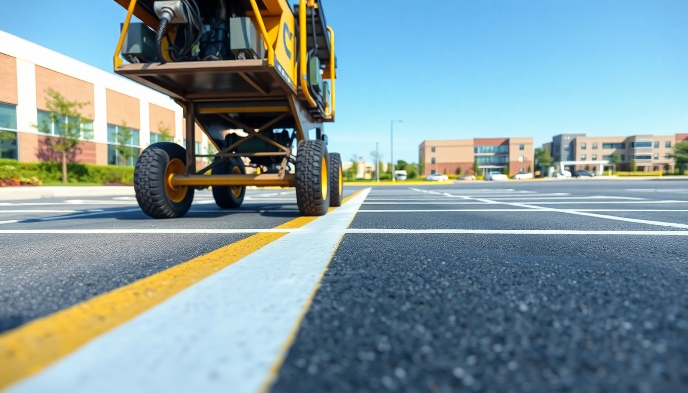 Effective parking lot striping Madison MS showcased with freshly painted lines and a striper machine.