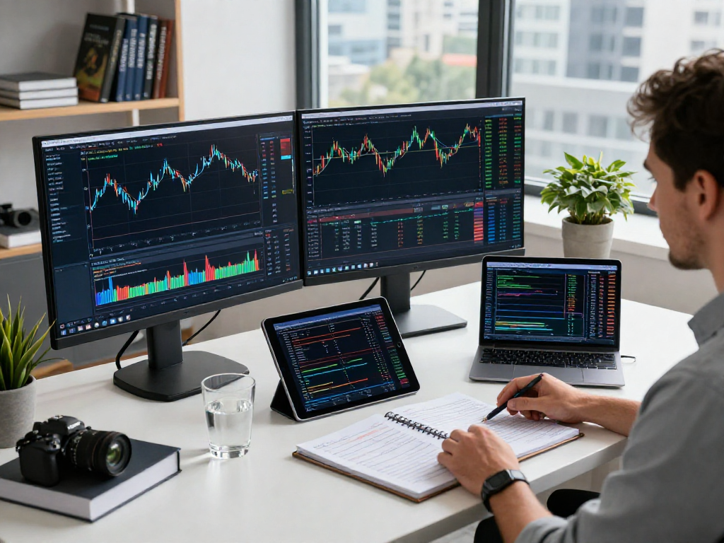 Trader using MetaTrader 5 on dual screens in a professional workspace.