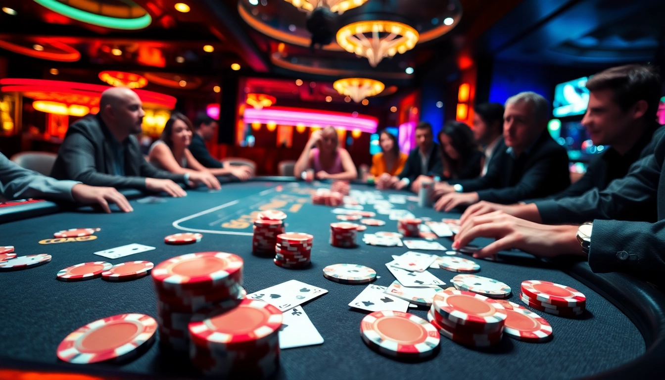 Spieler beim online casino spielen an einem spannenden Pokertisch voller Chips.