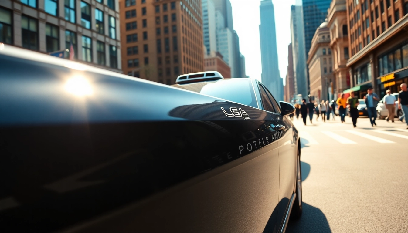 LGA car service vehicle ready for passengers amid New York's vibrant city life.