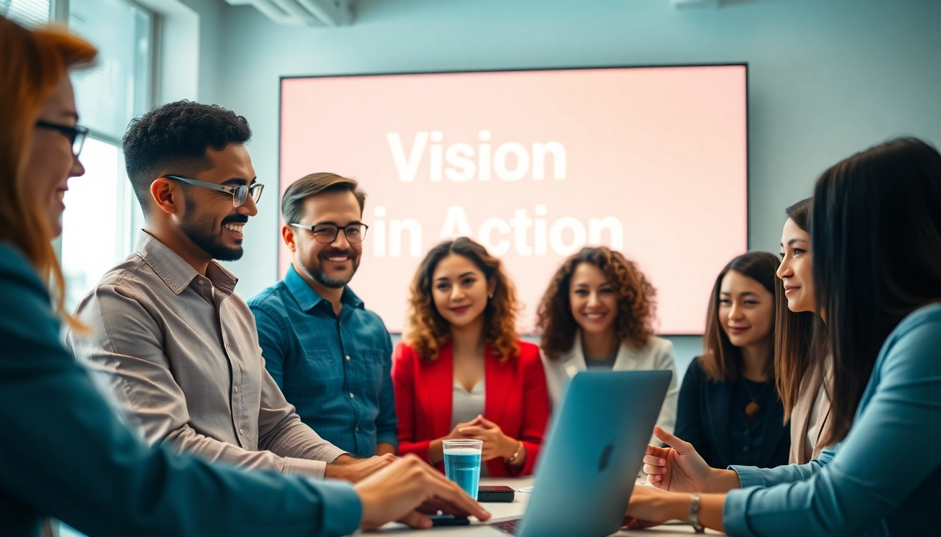 Illustration of a professional team discussing the alphabet inc vision statement in a modern office.