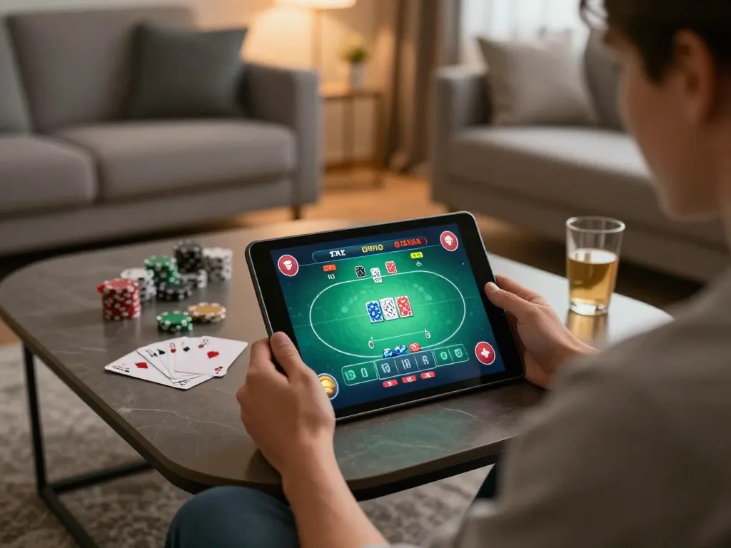 User playing online poker on a tablet at home while strategizing with notes, tg88-lc gaming experience.