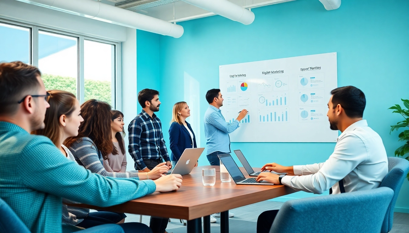 Linkbuilding strategische Diskussion unter digitalen Vermarktern in einem modernen Büro.