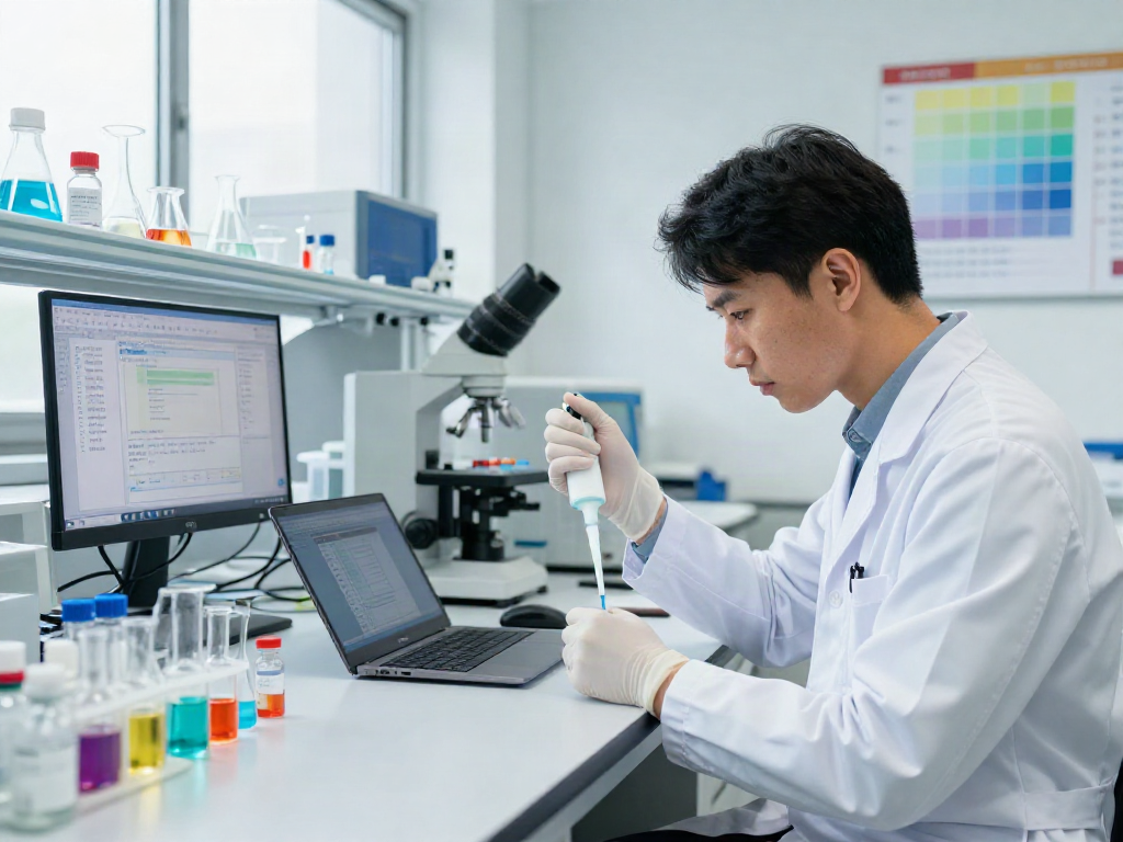 Researcher at Swiss Chems analyzing SARMs and peptides in a modern lab.