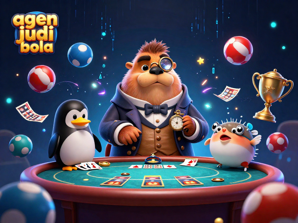 Engaging underwater scene with a jolly walrus playing poker at a table, representing agen judi bola and vibrant betting activities.
