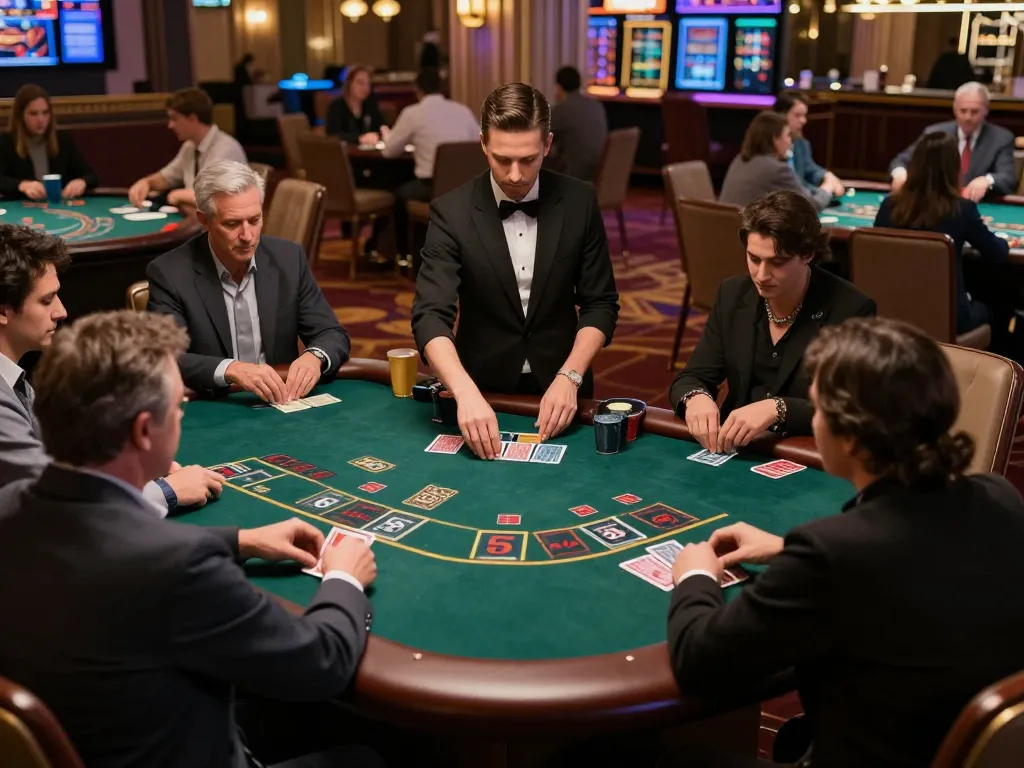 Players strategizing at a blackjack table with action unfolding in the background at the sc888 casino