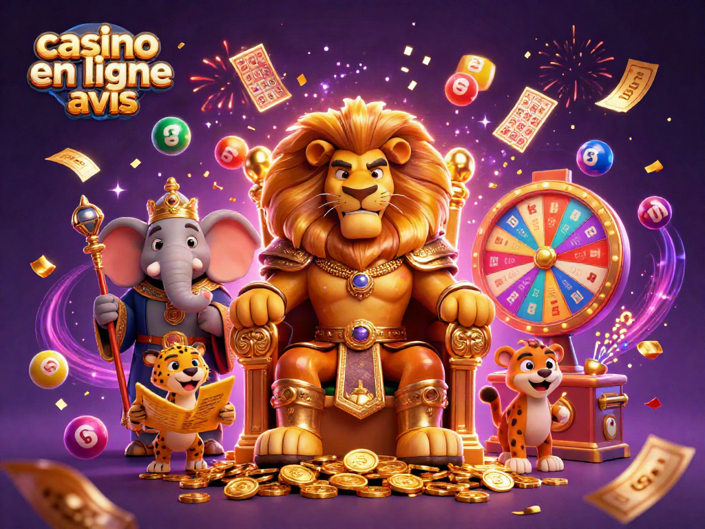 Les jeux de casino en ligne avis mettent en valeur un roi lion et des éléments de loterie dynamiques.