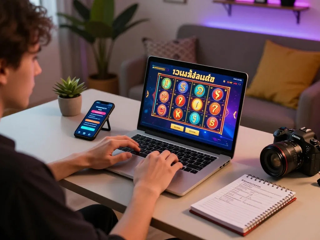 Playing เว็บสล็อตตรง online on a laptop with vibrant graphics and a strategic betting notebook nearby.